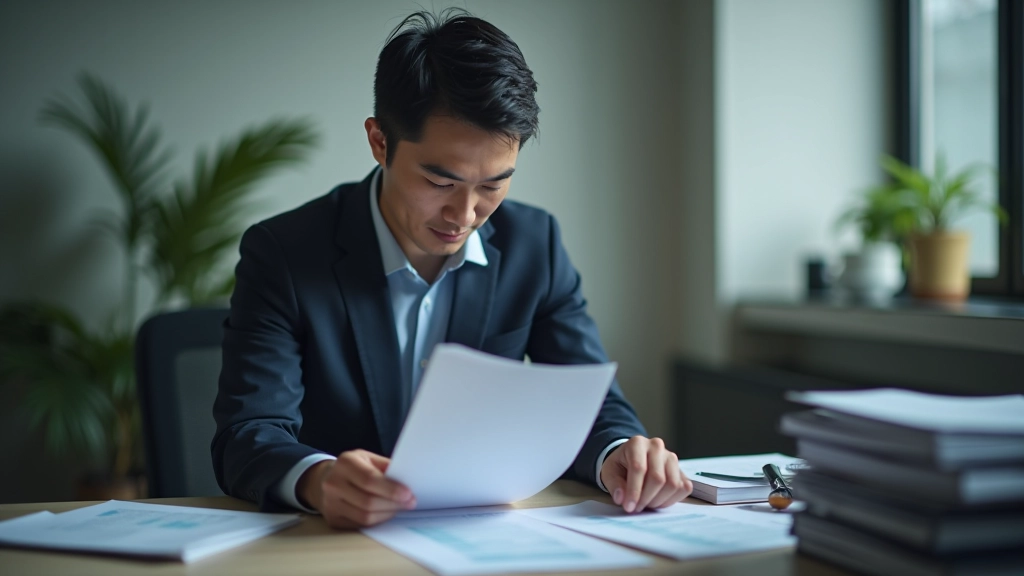Accountant reviewing tax records and documentation at desk with multiple folders organized