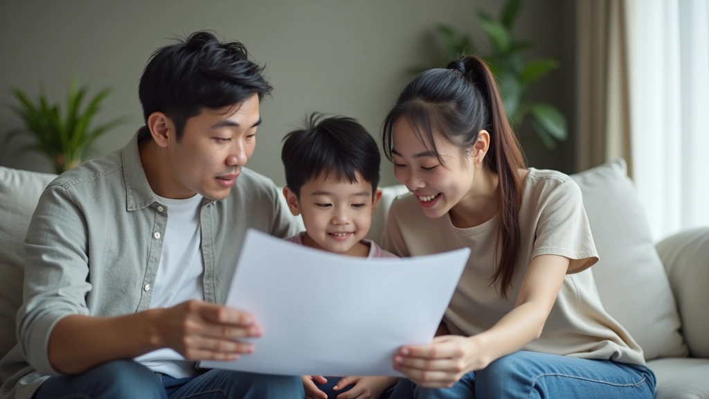 Family sitting together reviewing financial documents and planning in modern living room