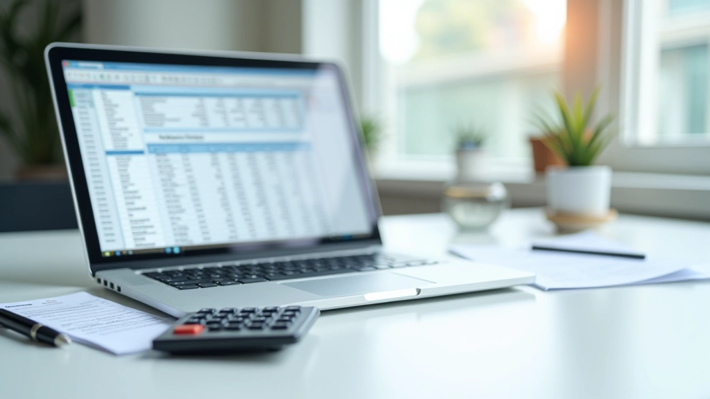 Spreadsheet with financial data, calculator, and annual income summary on modern desk