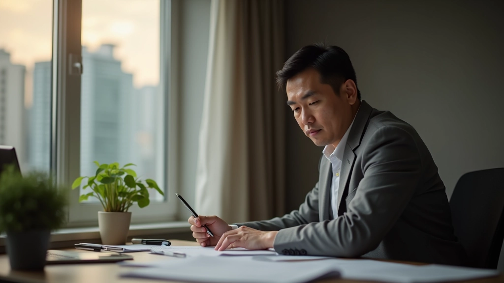 Individual working through tax return documents at a home office with organized files and computer