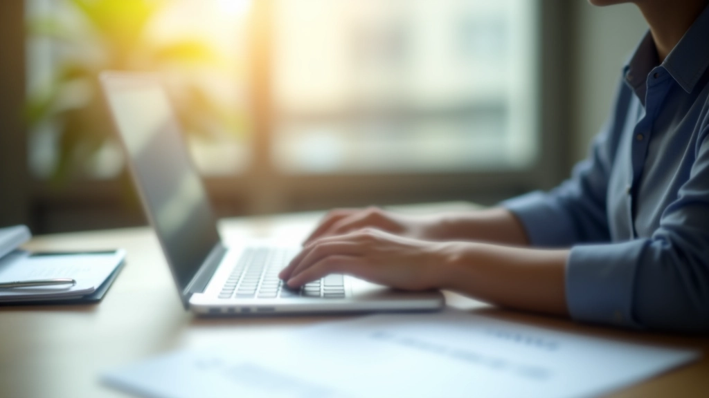 Hands typing on laptop keyboard while reviewing tax return form on desk