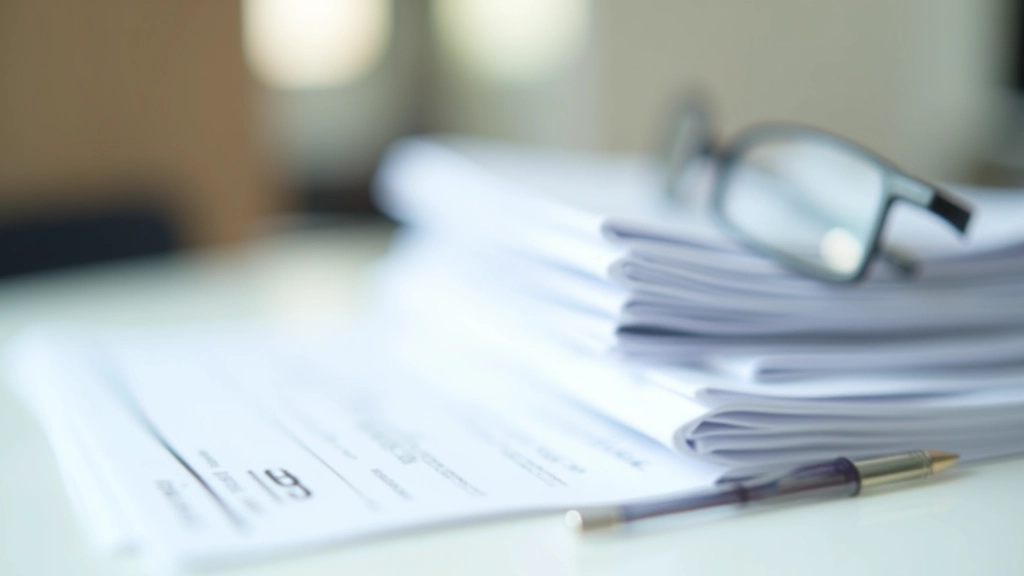 Stack of official documents and forms on organized desk with filing system