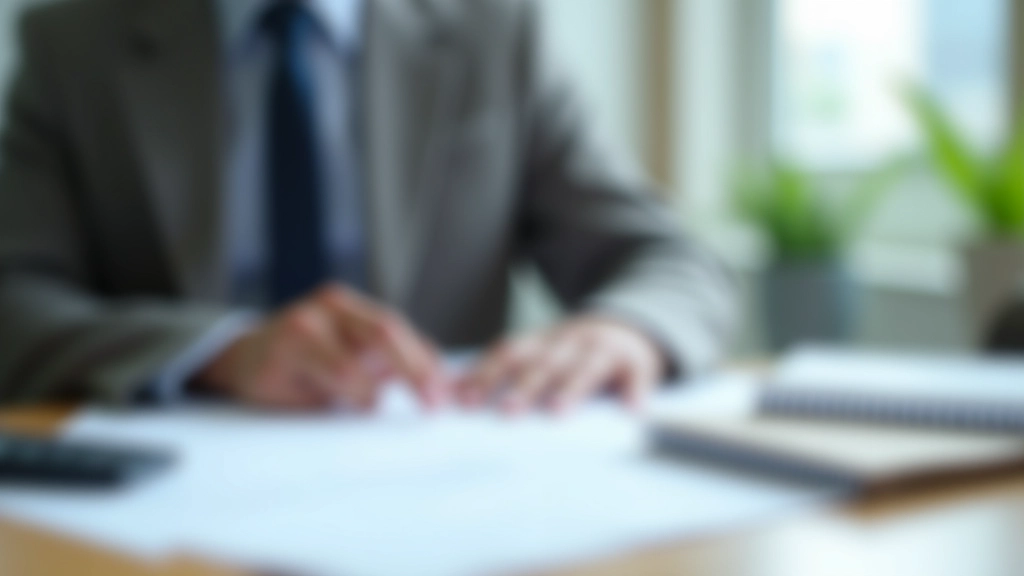 Tax specialist reviewing documents at organized desk with calculator, notebooks, and Hong Kong tax forms in bright natural lighting