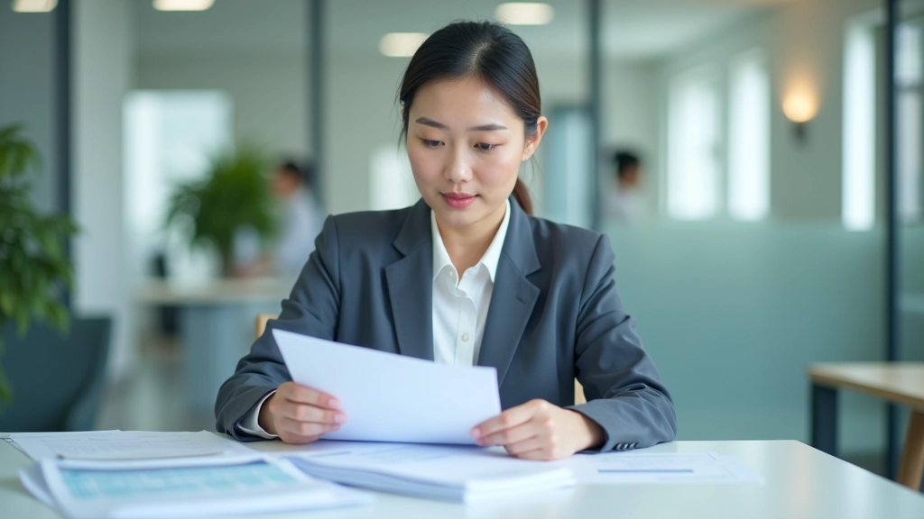 Person reviewing tax documents and filing paperwork at organized workspace