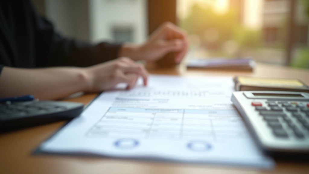 Professional workspace with tax documents, calculator, and notebook organized on wooden desk